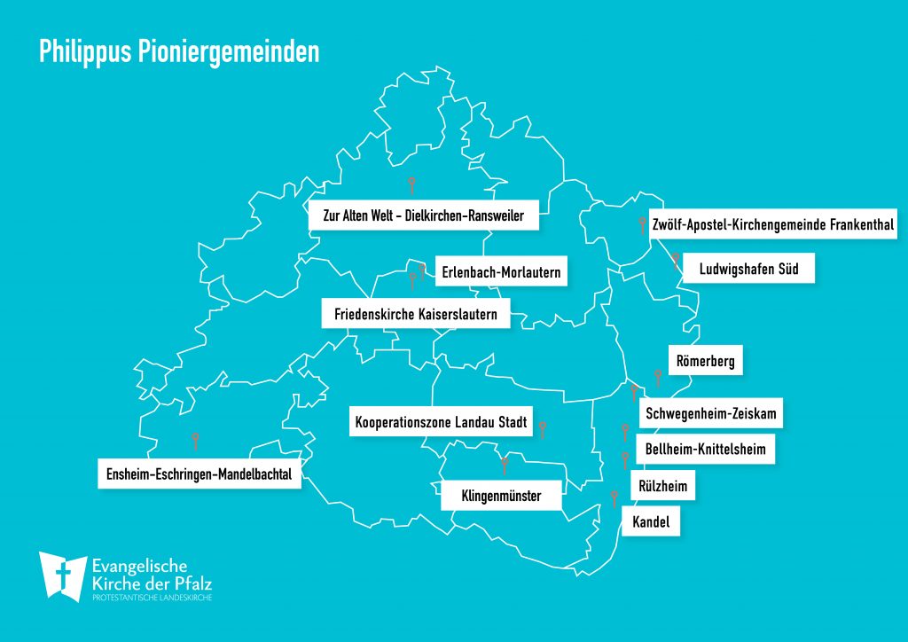 Übersichtskarte mit den Pioniergemeinden des Philippus-Projekts für Mitgliederkommunikation in der Evangelischen Kirche der Pfalz